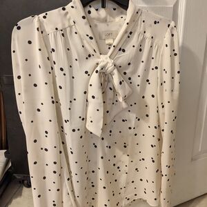 LOFT Cream Polka Dot Tie-Neck Blouse with Black Spots